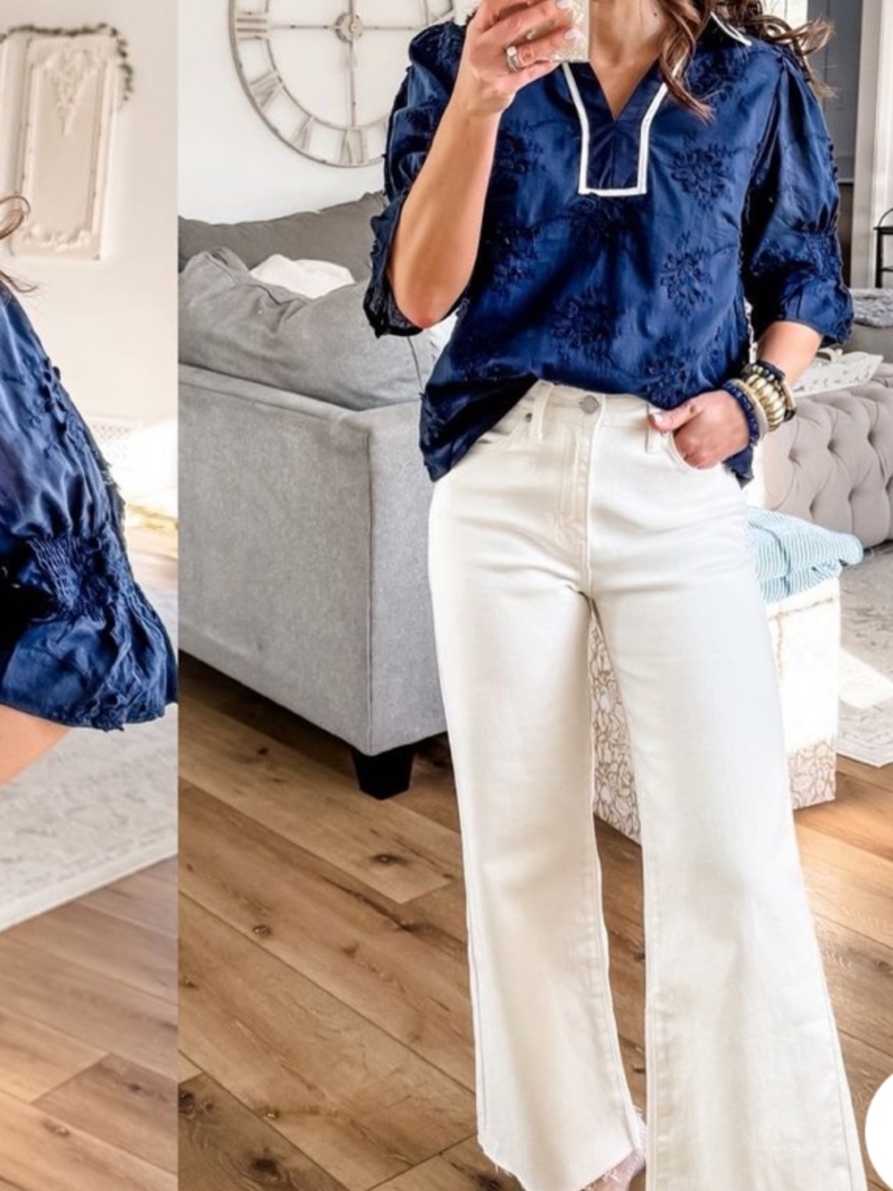 Navy Embroidered V-Neck Blouse with White Trim
